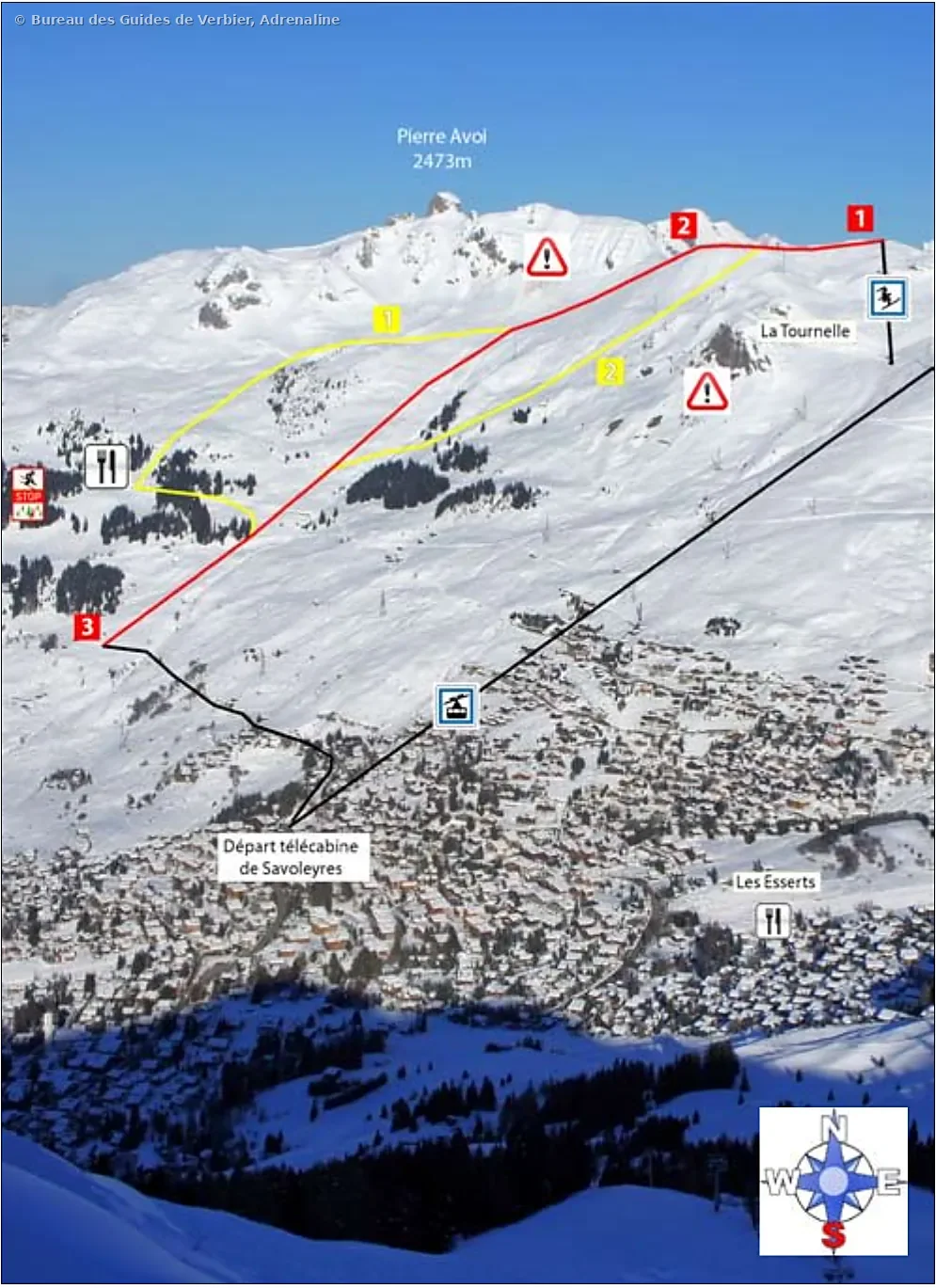1.1 Marlène – freeride route drawn on photo, Savoleyres, Verbier