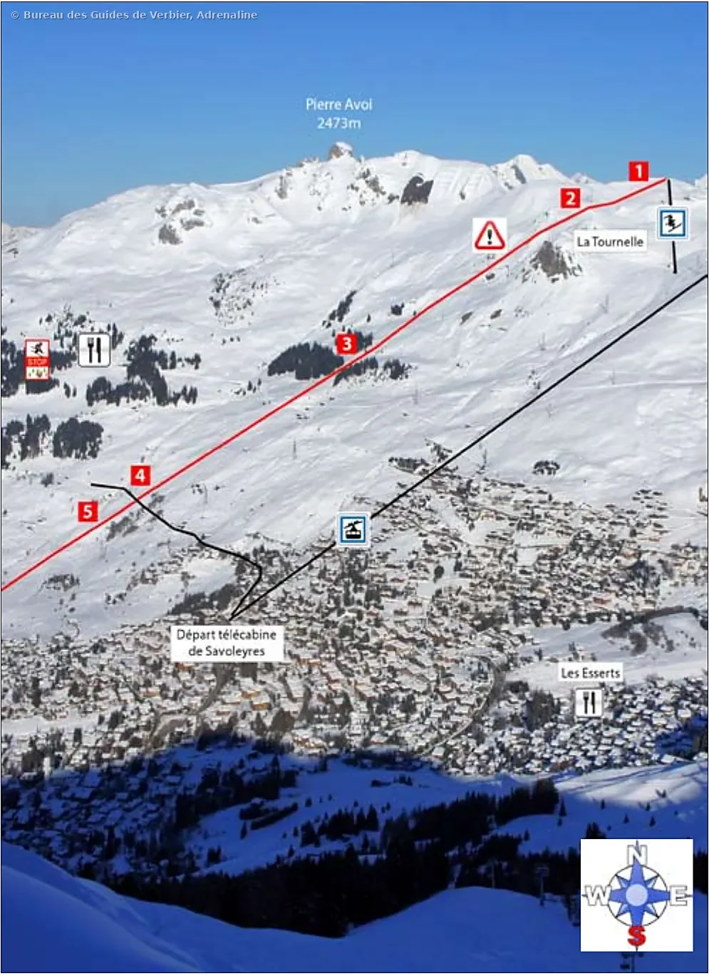 1.2 Tournelle supérieure – itinéraire freeride tracé sur photo, Savoleyres, Verbier