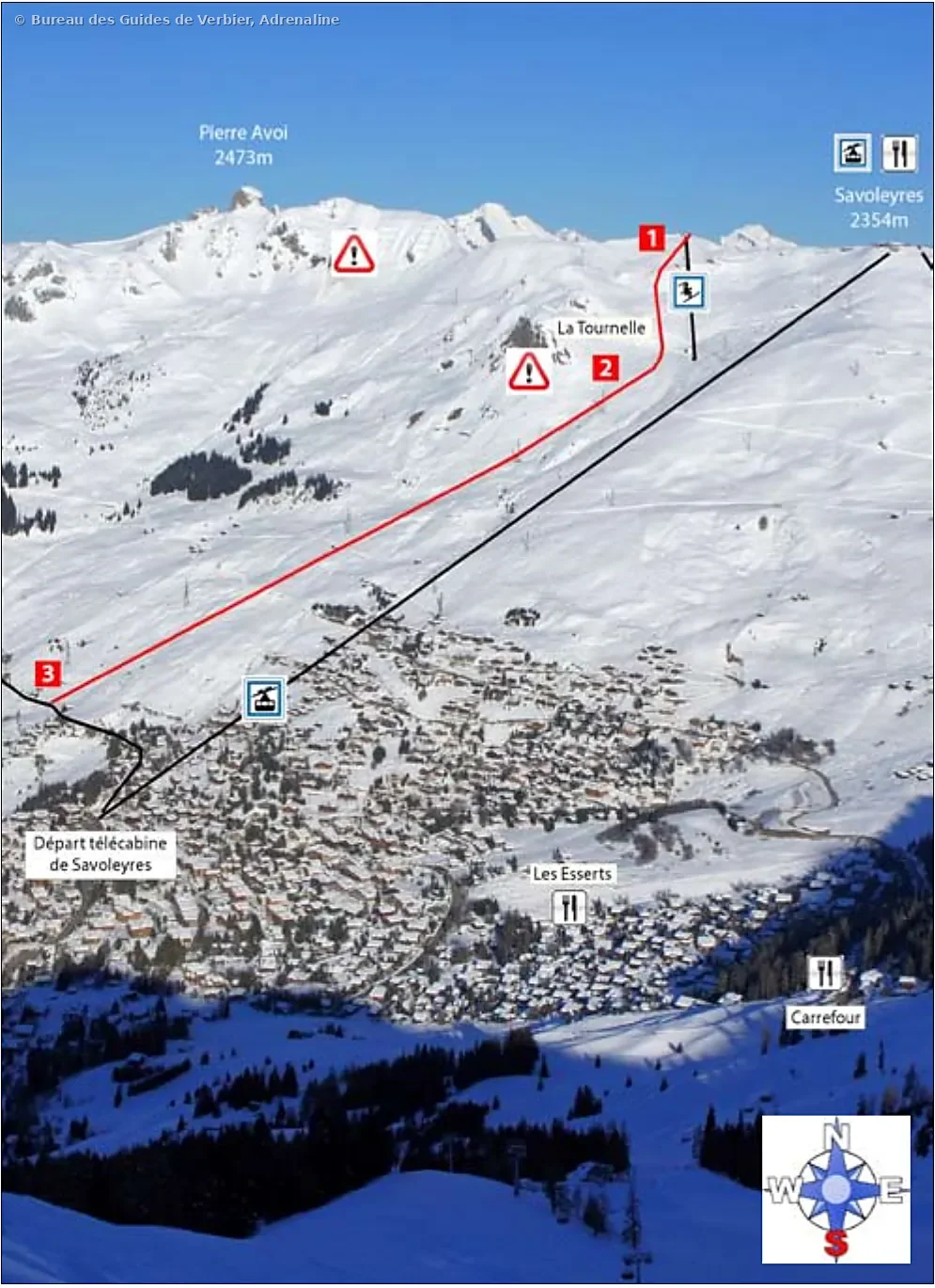 1.3 Tournelle inférieure – itinéraire freeride tracé sur photo, Savoleyres, Verbier