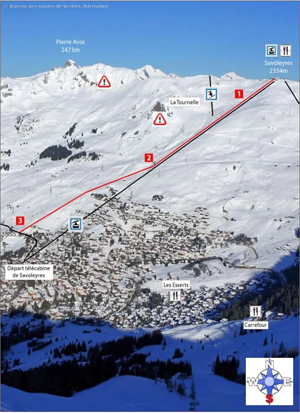 1.4 Pylones – freeride route drawn on photo, Savoleyres, Verbier