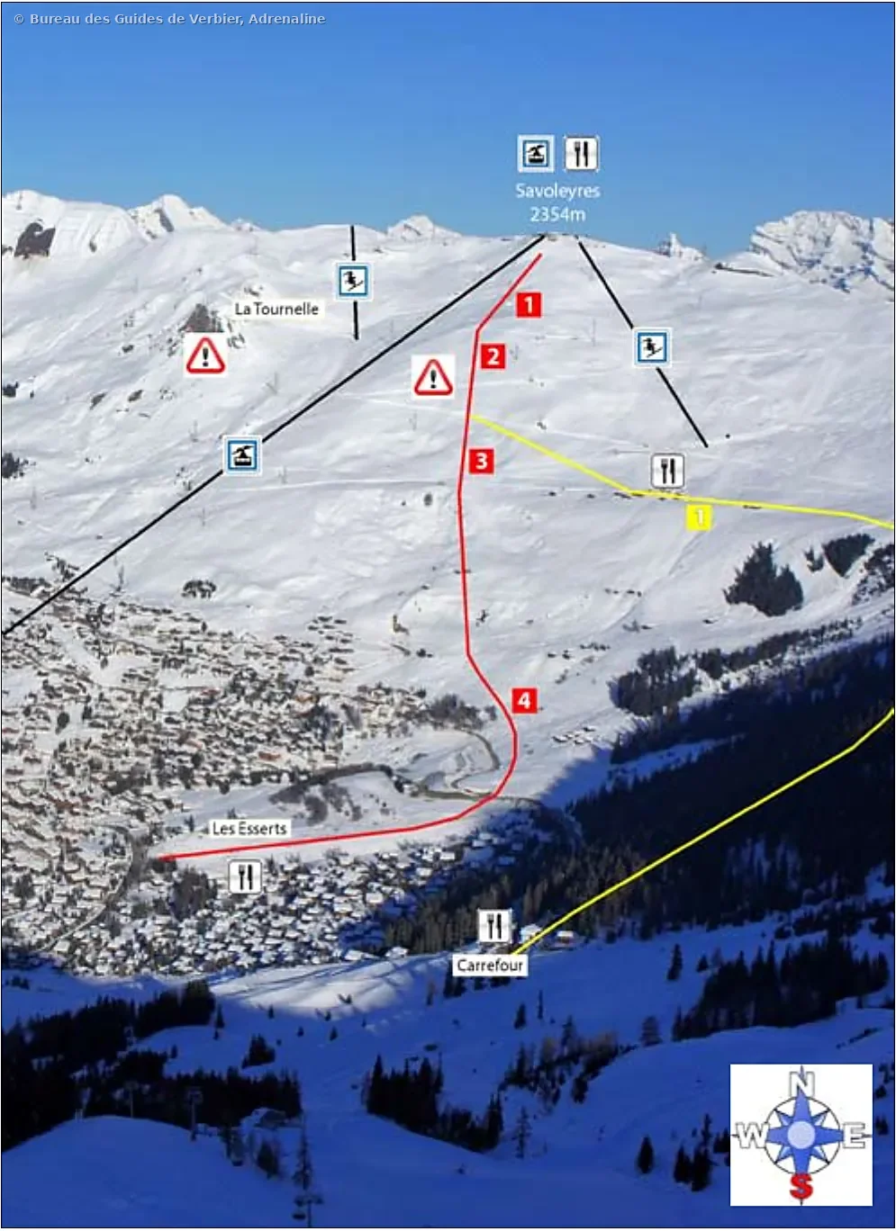 1.5 Les Planards – itinéraire freeride tracé sur photo, Savoleyres, Verbier