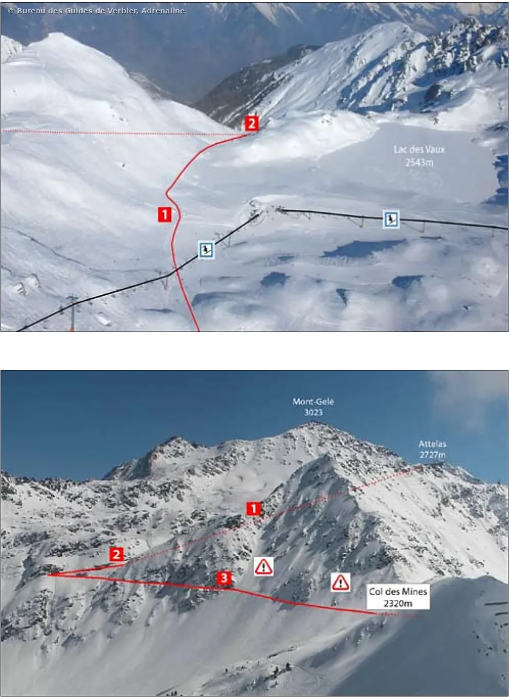 2.1 Accès au col des Mines – itinéraire freeride tracé sur photo, Attelas, Verbier