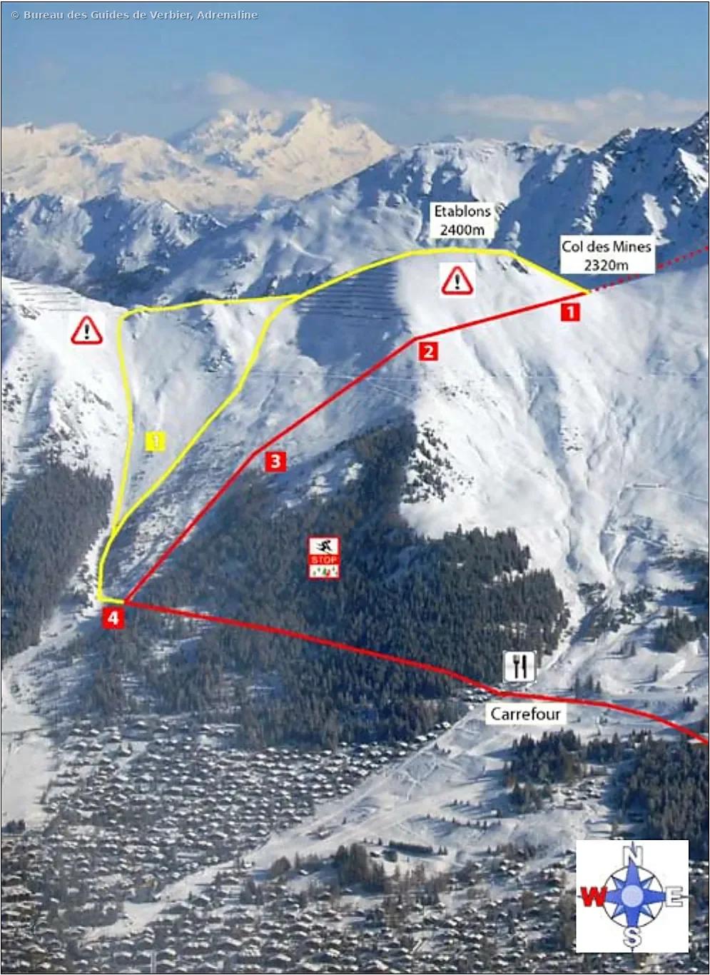 2.2 Bâ Combe – freeride route drawn on photo, Attelas, Verbier