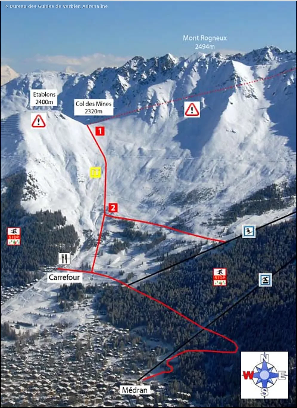 2.3 Col des Mines – itinéraire freeride tracé sur photo, Attelas, Verbier