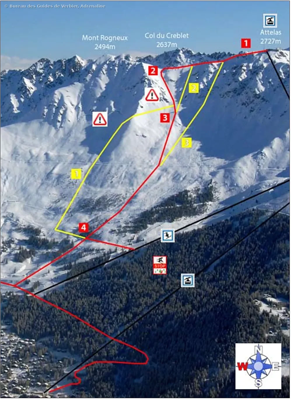 2.4 Le Creblet – itinéraire freeride tracé sur photo, Attelas, Verbier