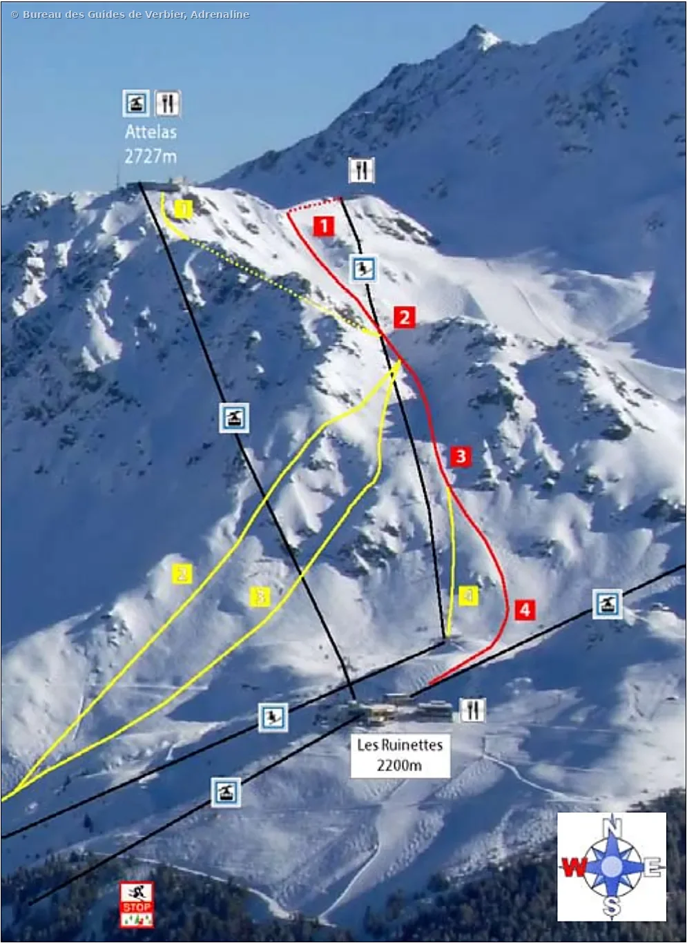 2.6 Creux des Eglises – itinéraire freeride tracé sur photo, Attelas, Verbier